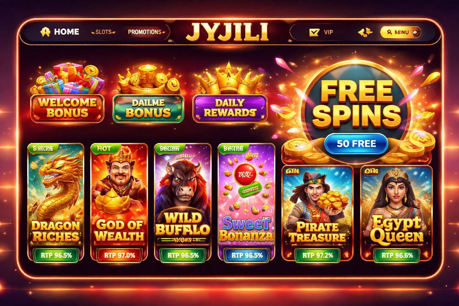 JYJILI slot selection screen showing popular reel titles